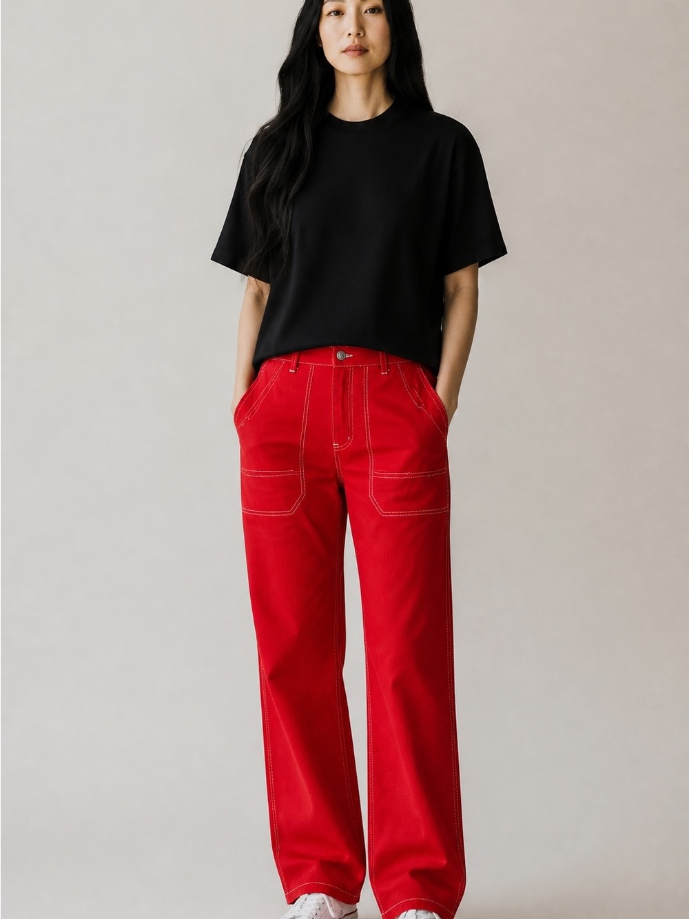 Dokotoo Red Contrast Stitch Wide Leg Cargo Pants NWT